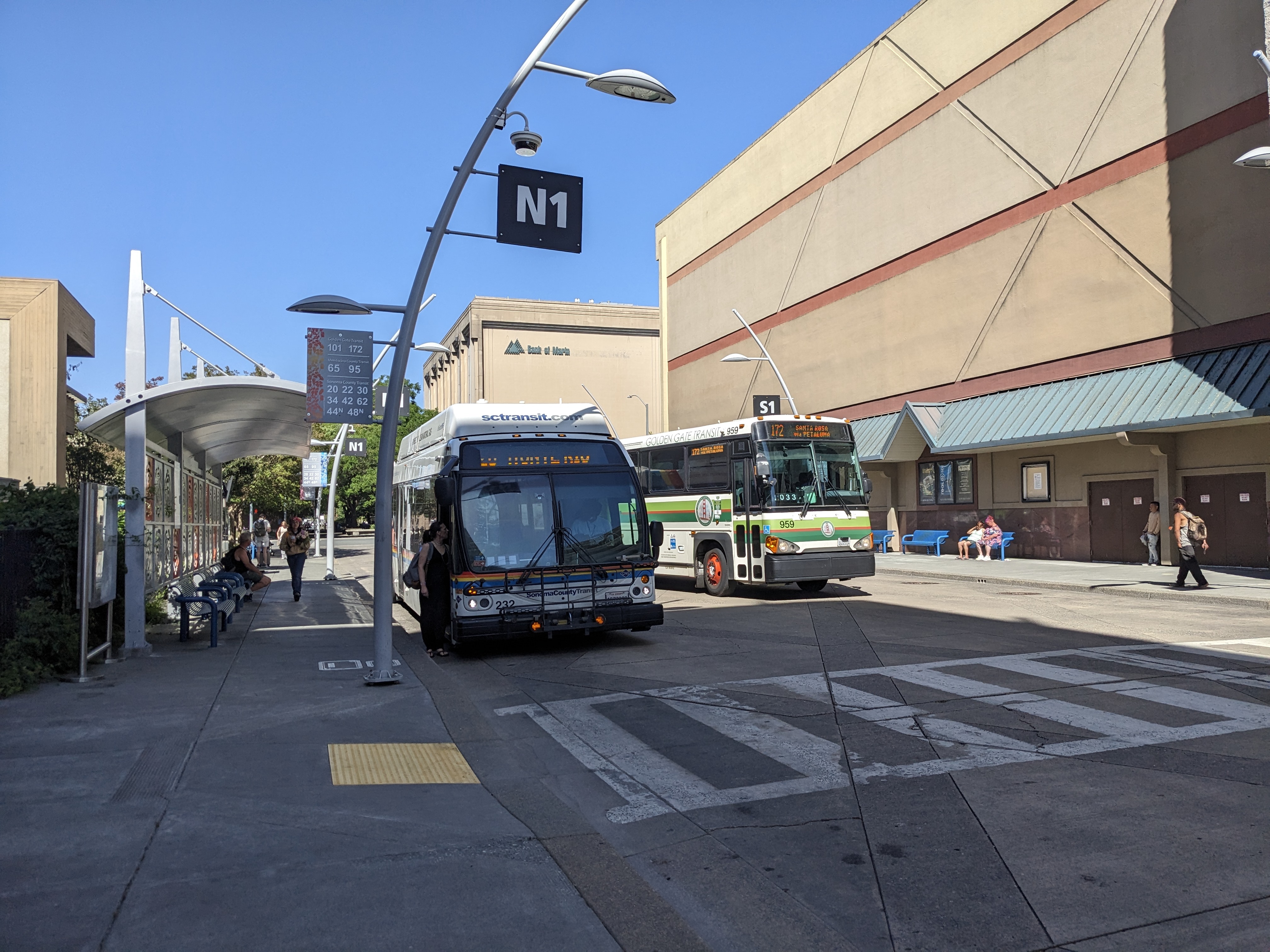 Golden Gate Transit and Sonoma County Transit buses at Santa Rosa Transit Mall